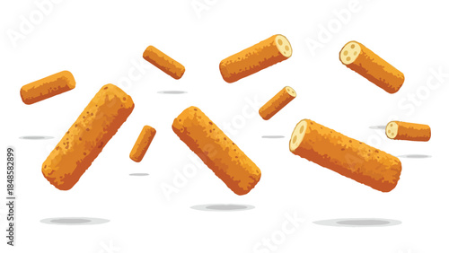 Dynamic illustration of crispy golden fried food sticks suspended mid-air against a clean white backdrop.
