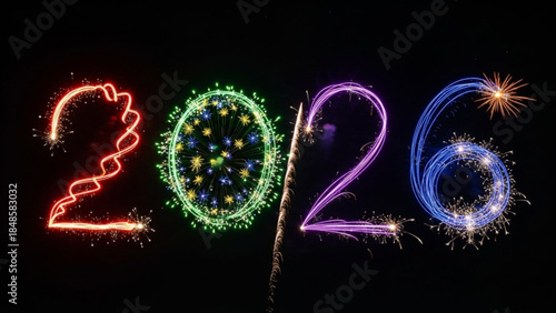 Colorful sparkler numbers 2026 on black background for celebration