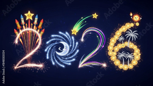 Vibrant fireworks display spelling out 2026 with sparkling numbers and swirling patterns in the night sky with a dark background