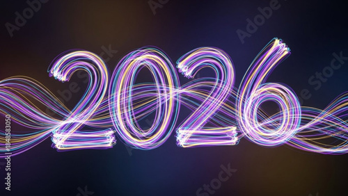 Glowing neon number twenty twenty six with colorful trails on dark background