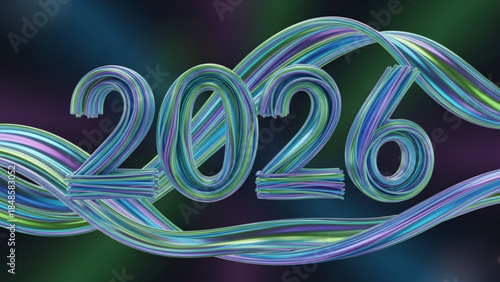 A futuristic iridescent 2026 year sign with swirling colorful neon lights on a dark background