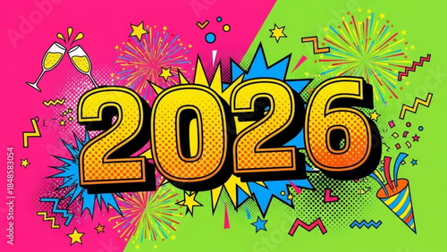 Vibrant 2026 new year celebration background with fireworks, party poppers, and champagne glasses on pink and green