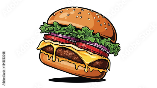 Vibrant cartoon cheeseburger illustration showcasing a delicious beef patty, melted cheese, crisp lettuce, ripe tomatoes, and red onions on a