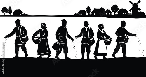 Farmers sowing seeds in fields silhouette illustration, traditional rural agriculture scene with village background, seasonal planting concept, black and white vector artwork
