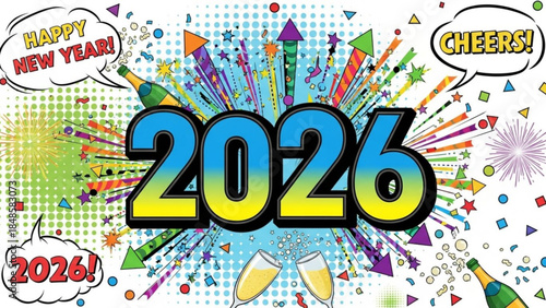 Vibrant 2026 new year celebration graphic with colorful fireworks, champagne, and cheerful speech bubbles on white background