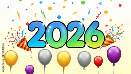 Vibrant colorful balloons and confetti celebrate the year 2026 with festive decorations