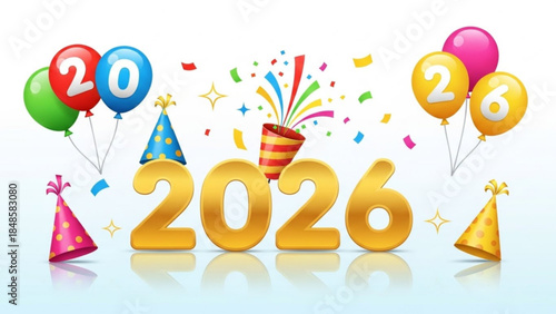 Colorful celebration graphic with 2026 gold numbers, balloons, confetti, and party hats for new year festivities