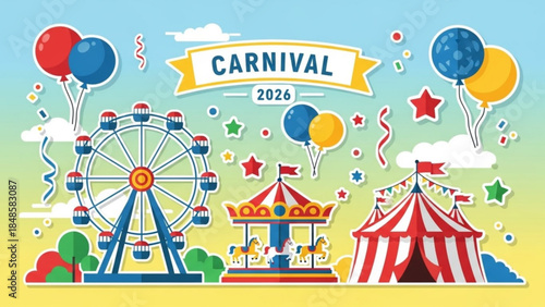 Vibrant carnival scene with ferris wheel, merry go round, tent, balloons and stars under sunny sky