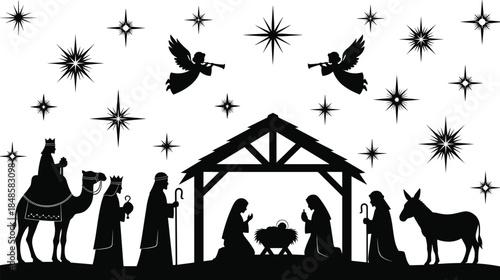 Christmas nativity scene silhouettes set, baby Jesus, Mary, Joseph, stable, three wise men, angels, stars, manger, holiday religious icons, cad drawing flat vector illustration
