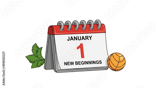 New beginnings on january 1st with calendar, basketball, and leaves on white background