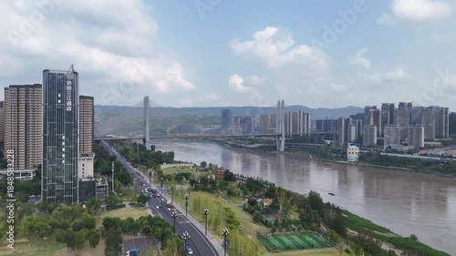 Yangtze River Aerial View, Yibin Sichuan China Urban Landscape