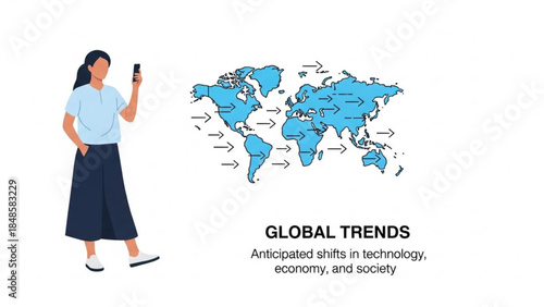 Woman looking at smartphone with global trends and world map in background showing anticipated shifts in technology economy and society