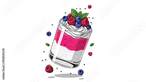 Colorful chia pudding parfait adorned with fresh raspberries blueberries and whipped cream with delicate mint leaves scattered vibrant healthy