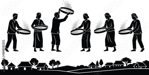 Farmers winnowing grain in rural village silhouette illustration, traditional agriculture lifestyle scene, community harvesting concept, black and white vector artwork