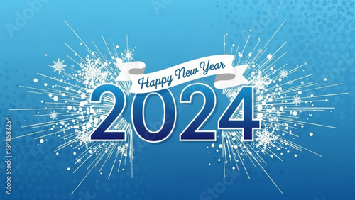 Happy new year 2024 celebration with blue background and white fireworks and snowflakes