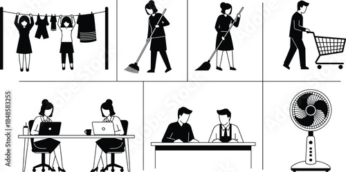 Daily life activity silhouettes set, woman doing laundry, sweeping, man shopping, office workers at desks, electric fan, household lifestyle icons, cad drawing flat vector illustration
