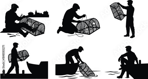 Fisherman silhouette setting and repairing fish trap, traditional fishing activities, coastal livelihood scene, black vector illustration isolated on white background