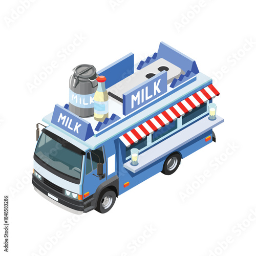 Isometric Milk Food Truck Illustration.