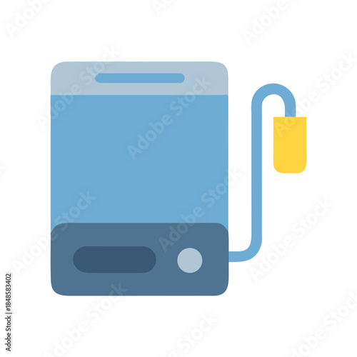 Minimalist blue water purifier device illustration with yellow filter for graphic design