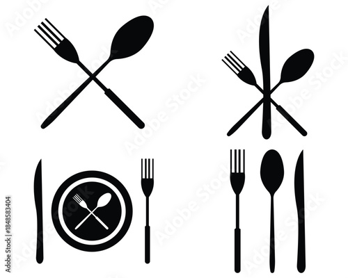 Cutlery and Tableware Icon Set – Plate, Spoon, Fork, and Knife Line Art, Vector Illustration, Food Symbol