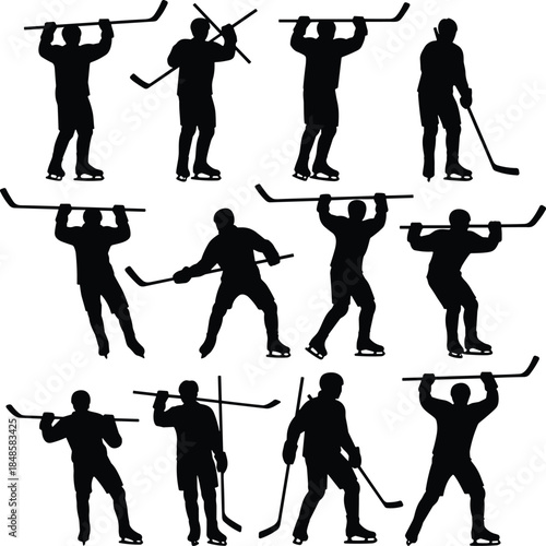 Ice hockey player silhouettes set, winter sport action poses collection, hockey athletes with sticks, dynamic vector illustration isolated on white