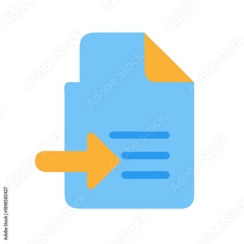 Flat vector icon representing document import with arrow and text lines