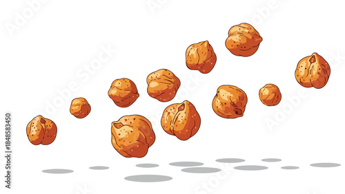 Abstract illustration of scattered chickpeas creating a dynamic pattern with subtle shadows on a clean white background.