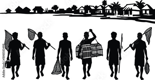 Fishermen walking with nets and cages silhouette illustration, traditional coastal village lifestyle, rural fishing community concept, black and white vector design