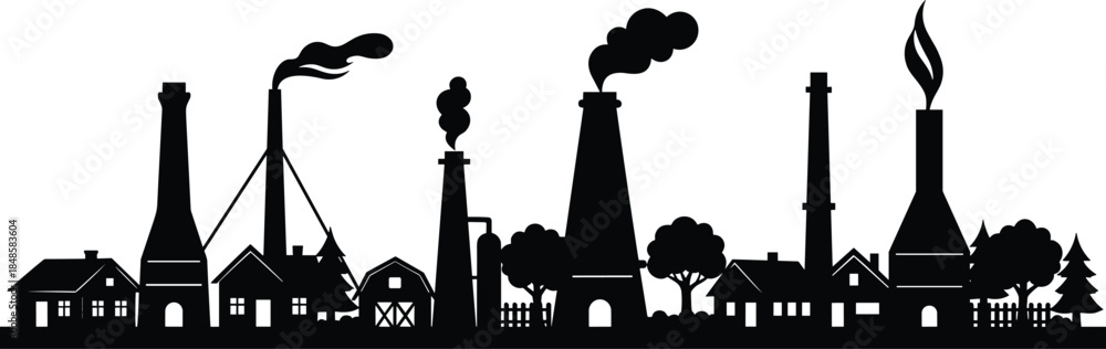 Fototapeta premium Industrial factory silhouette skyline with smokestacks and village buildings illustration representing manufacturing, pollution, industry growth, and urban rural contrast in black and white style