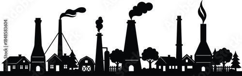 Industrial factory silhouette skyline with smokestacks and village buildings illustration representing manufacturing, pollution, industry growth, and urban rural contrast in black and white style