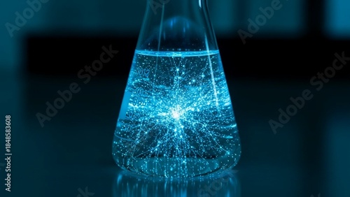 Futuristic blue liquid glows with light inside glass erlenmeyer flask, creating unique abstract patterns on laboratory table, science experiment