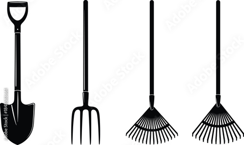 Garden tools silhouettes set, shovel, pitchfork, rake, leaf rake icons for landscaping, farming, outdoor maintenance, yard work, horticulture, cad drawing flat vector illustration