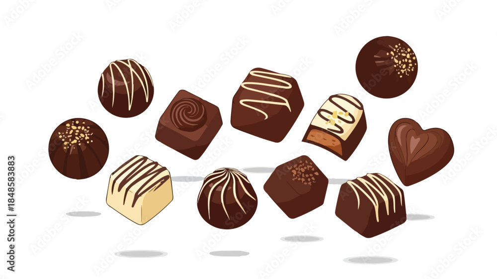 Fototapeta premium An inviting array of artisan chocolate bonbons showcasing diverse shapes and elegant decorations, perfect for confectionery desires