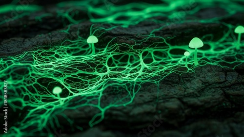 Eerie glowing mushrooms and interconnected root web on blurred bark create a captivating glowing fungal landscape, perfect for a fantasy themed illustration