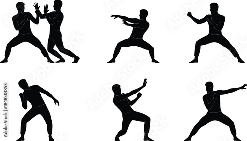 Martial arts fighter silhouettes set, kung fu combat poses collection, male warrior action movements, sport training vector illustration isolated on white