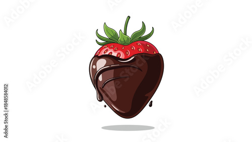 Vibrant red strawberry, fresh and succulent, exquisitely half-submerged in a smooth, glistening river of molten dark chocolate, an iconic sweet