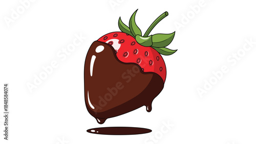 A delightful illustration of a vibrant red strawberry, half-dipped in rich, glossy dark chocolate, with alluring drips creating a sweet puddle, good