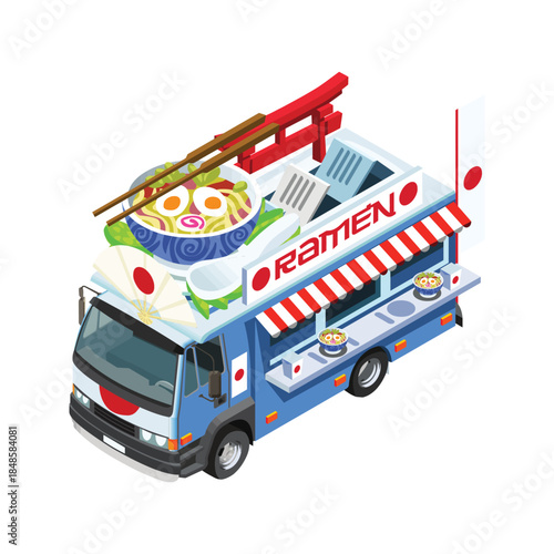 Isometric Ramen Food Truck Illustration.