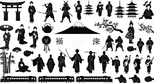 Japanese culture icons, wedding symbols, construction workers, welder, businessman, city skylines, nature plants, beach travel, air fryer