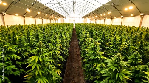 A large greenhouse filled with rows of green, leafy plants under warm lighting. Pathway visible