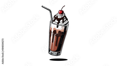 Indulgent chocolate milkshake vector illustration featuring creamy whipped topping a sweet red cherry and rich syrup drizzle perfect for dessert