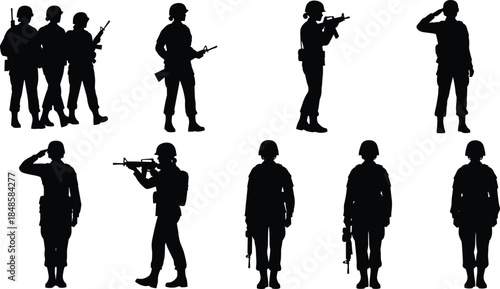 Military soldier silhouettes collection, armed forces action poses set, army combat personnel with weapons, defense vector illustration isolated on white