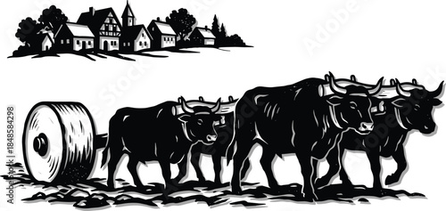 Oxen pulling farm roller silhouette illustration, traditional rural agriculture scene with village background, farming heritage concept, black and white vector design