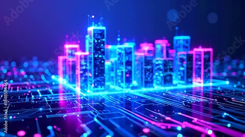 Glowing cityscape with towering structures, bathed in neon blue and pink, set on a circuit board
