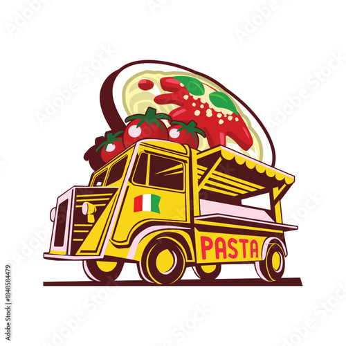 Italian Pasta Food Truck Illustration with Pizza and Tomatoes.