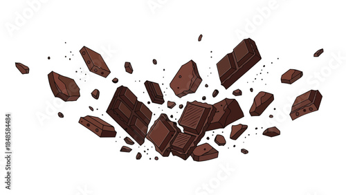 Dynamic illustration of chocolate fragments and cocoa bits scattering in energetic motion against a pristine white background, creating a delectable