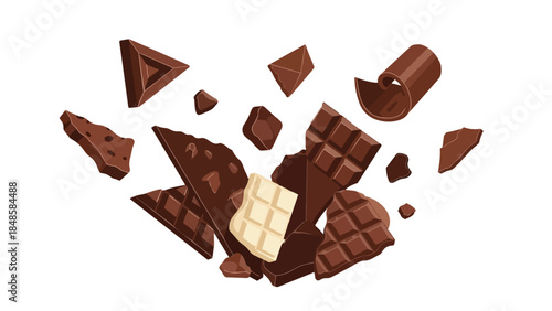 Dynamic assortment of chocolate pieces, including dark, milk, and white varieties, creating an appetizing and lively confectionery display with rich