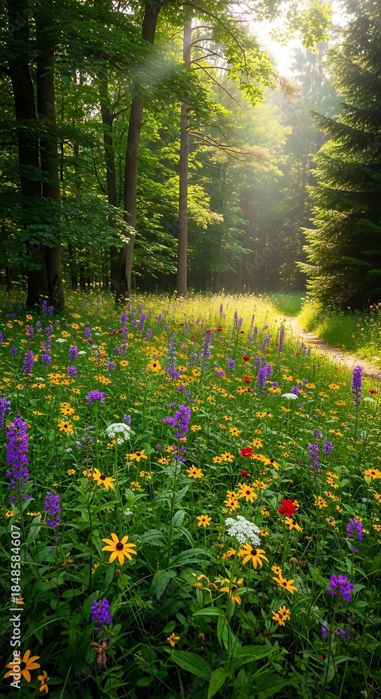 Naklejka premium A vibrant forest scene, bathed in sunlight. A path leads through a wildflower meadow. Tall trees stand guard on either side