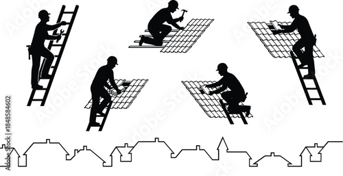 Roof construction workers installing tiles silhouette illustration, traditional house building process scene, skilled labor and craftsmanship concept, black and white vector artwork