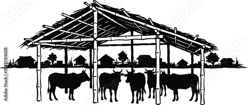 Rural cattle shelter silhouette with cows under bamboo roof in traditional village farm landscape illustration black and white agricultural livestock scene artwork